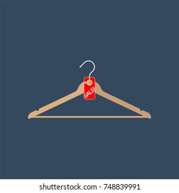 Clothes hanger with sale tag. Illustration in flat style