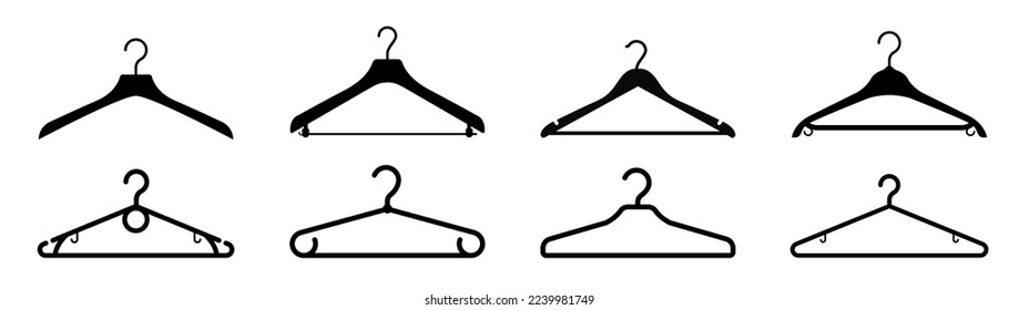 Clothes hanger set. Hanger for cloakroom or closet. Hang for coat. Wooden suit hanger icon set. Vector illustration.