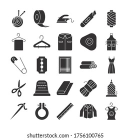 clothes hanger and sewing icon set over white background, silhouette style, vector illustration