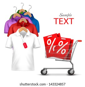 Clothes hanger with shirts with price tag. Concept of discount shopping. Vector.