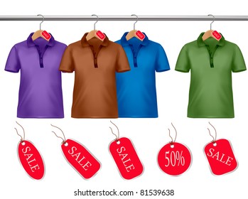 Clothes hanger with shirts with price tags. Vector.