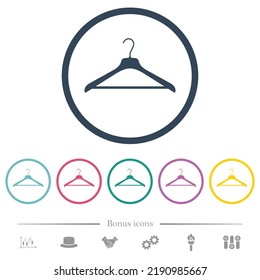 Clothes hanger solid flat color icons in round outlines. 6 bonus icons included.