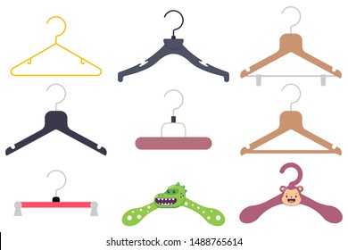 Clothes hanger vector cartoon flat icon set isolated on a white background.