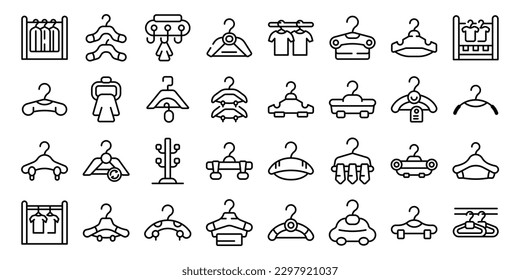 Clothes hangers icons set outline vector. Hook hunger. Fashion offer