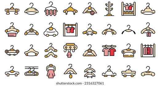 Clothes hangers icons set outline vector. Hook hunger. Fashion offer thin line color flat on white