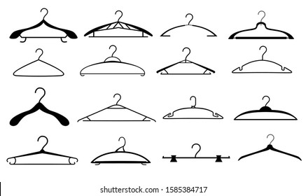 Clothes hangers set. Hanger silhouettes. Hangers clothes fashion. Coat and dress  hanger set isolated on white background, wood metal and baby empty fashion clothing hooks. Vector illustration.