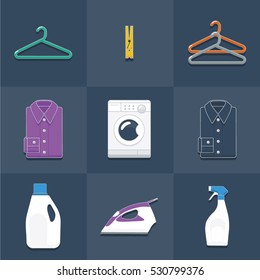 Clothes hangers, washing machine, detergent, stain remover, shirts, iron, and clothes pegs laundry themed flat style vector illustration