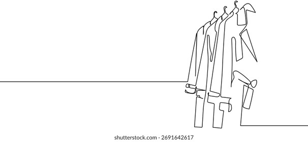 Clothes hanging in closet, continuous line on transparent background. One line design vector illustration 