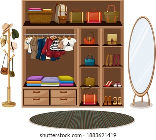 Clothes hanging on a clothesline with accessories in wardrobe illustration