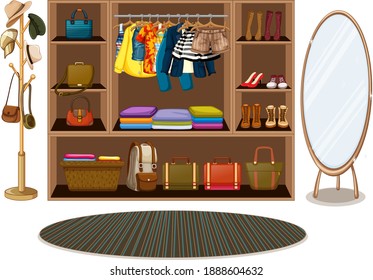 Clothes hanging on a clothesline with accessories in wardrobe illustration
