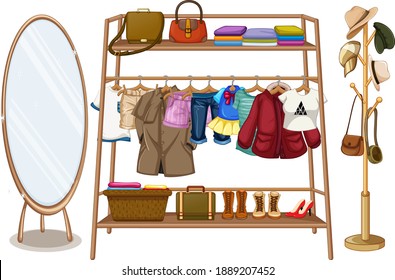 Clothes hanging on a clothesline with accessories on white background illustration