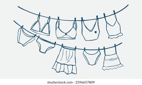 clothes hanging on clothesline drying with clothespins. Drying clothes line doodle vector illustration