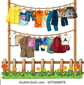 Clothes Hanging On A Clothesline With Fence And Flower Elements On White Background Illustration