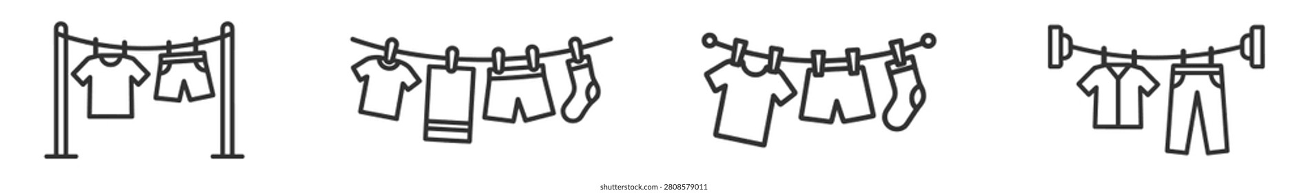 clothes hanging on clothesline line art set laundry drying outdoor on transparent background