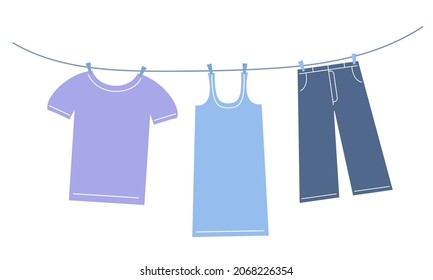 Clothes hanging on clothesline in outdoor. Drying clothes. Vector flat illustration.