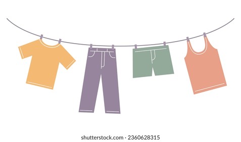 Clothes hanging on clothesline in outdoor. Drying clothes. Vector flat illustration.