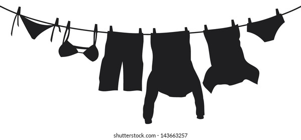 clothes hanging on a clothesline (shirt, boxer short, men's sweatshirt with pocket, pants, panties, bra)