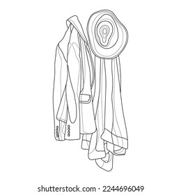 Clothes are hanging on a hanger. Coat and hat. Black and white vector image. Coloring.