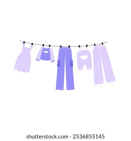 Ropa Colgada En Línea En Ilustración vectorial Plana Que Simboliza La Lavandería, La Ropa Limpia Y La Frescura, Aislada Sobre Fondo Blanco.