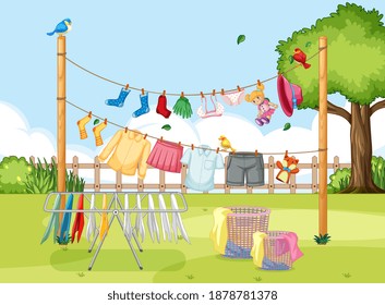 Clothes hanging on line in the yard illustration