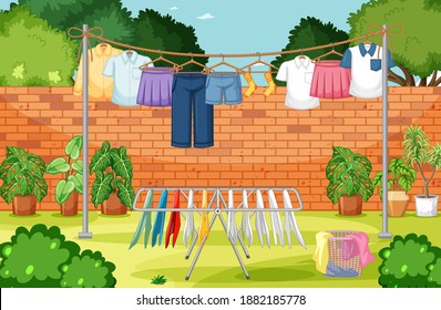 Clothes hanging on line in the yard illustration