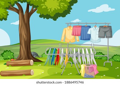 Clothes hanging on line in the yard illustration