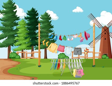 Ropa colgando en línea en la ilustración del patio