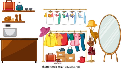 Clothes hanging on clothes rack with accessories on white background illustration