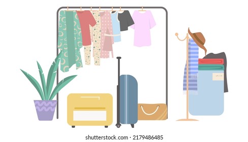 Clothes hanging on rack with accessories vector. Clean and used clothing apparels, belongings folded into luggage suitcase. Showroom garage or second hand market illustration