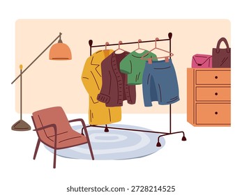 Ropa colgada en un estante junto a los muebles, incluyendo silla, lámpara y tocador, en un estilo minimalista sobre fondo blanco. Concepto de decoración interior. Ilustración vectorial