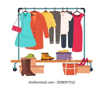 Clothes hanging on rack, garment rail with casual women clothing. Fashion girl wardrobe, female clothes on hangers vector illustration. Apparel as dress, coat, trousers and accessories