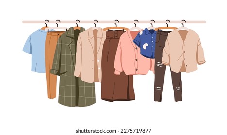 Clothes hanging on rack, hanger rail. Casual female wardrobe, modern garments hanging. Modern women apparel, wearing, coat, pants, blouse. Flat vector illustration isolated on white background