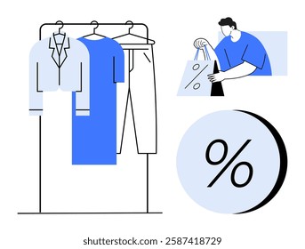 Clothes hanging on a rack, a person holding shopping bags, and a large percentage symbol. Ideal for advertising, e-commerce, retail promotions, seasonal sales, fashion marketing, visual