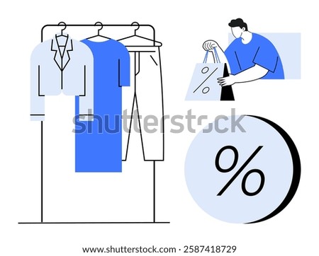 Clothes hanging on a rack, a person holding shopping bags, and a large percentage symbol. Ideal for advertising, e-commerce, retail promotions, seasonal sales, fashion marketing, visual