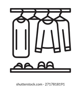 Ropa colgada en un estante con zapatos debajo de un simple dibujo de línea