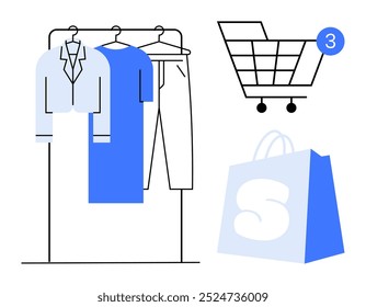 La ropa colgada en un estante y un Carrito de compras con el número tres indican que se está comprando en línea. La bolsa de la compra muestra la finalización de la compra. Ideal para tiendas de ropa de compras en línea de comercio electrónico digital