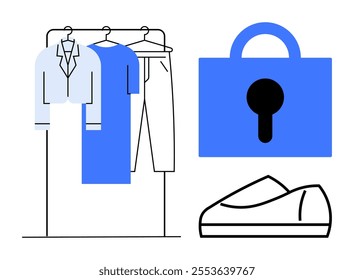 Clothes hanging on a rack show shirts and pants. A lock and shoe are placed beside it. Ideal for wardrobe security, storage solutions, clothing organization, fashion safety, and retail display