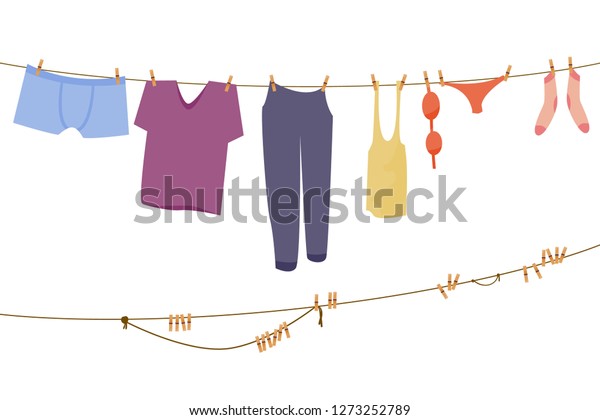 Clothes hanging on a rope, Flat vector\
illustration isolated on white background with wash clothes, linen\
on the rope, cartoon flat\
illustration