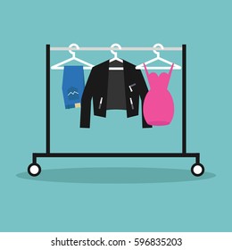 Clothes hanging in a row on the open hanger. Clothes rack. Rail. Wardrobe / flat editable vector illustration, clip art