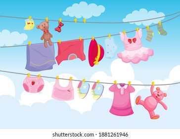 Clothes hanging with sky background illustration