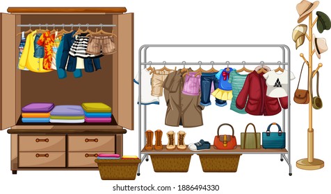 Clothes hanging in wardrobe with accessories and clothes rank on white background illustration