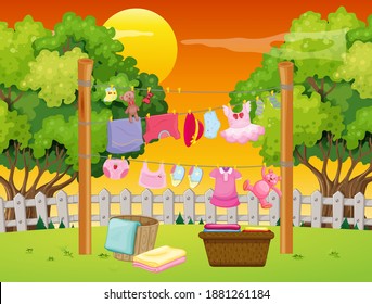 Ropa colgando de la ilustración del patio