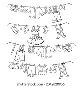 Clothes are hung on a hanger. Christmas decor. Doodle style outfit for Santa's helper elves. Vector illustration isolated on white background.