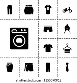 Clothes icon. collection of 13 clothes filled icons such as child bicycle, baby cap, man underwear, pants, skirt, washing machine. editable clothes icons for web and mobile.
