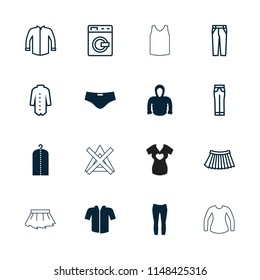 Clothes icon. collection of 16 clothes filled and outline icons such as woman pants, hoodie, man swim wear, washing machine, jacket. editable clothes icons for web and mobile.