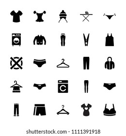 Clothes icon. collection of 25 clothes filled icons such as washing machine, baby cap, panties with heart, hanger, female underwear. editable clothes icons for web and mobile.