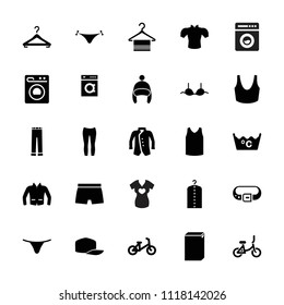 Clothes icon. collection of 25 clothes filled icons such as child bicycle, panties with heart, washing machine, laundry. editable clothes icons for web and mobile.