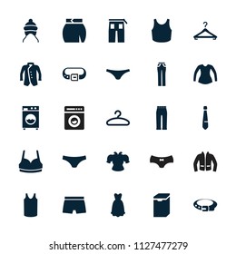 Clothes icon. collection of 25 clothes filled icons such as baby cap, belt, female underwear, sport bra, singlet, blouse, pants. editable clothes icons for web and mobile.