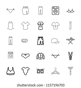 Clothes icon. collection of 25 clothes outline icons such as baby onesie, panties with heart, ironing table, sport bra, bra, pants. editable clothes icons for web and mobile.