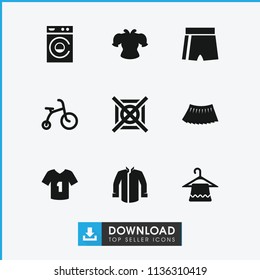 Clothes icon. collection of 9 clothes filled icons such as child bicycle, hanger, washing machine, skirt, sport shorts, jacket. editable clothes icons for web and mobile.
